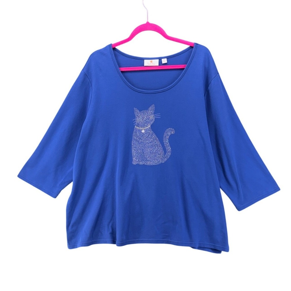 Quacker Factory Womens Shirt 3X Blue Rhinestone Sequin Cat Kitten 3/4 Sleeve Top
